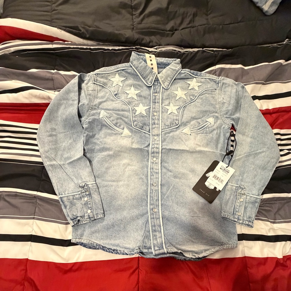 Men's Light Blue Denim Western Shirt with Star Embroidery